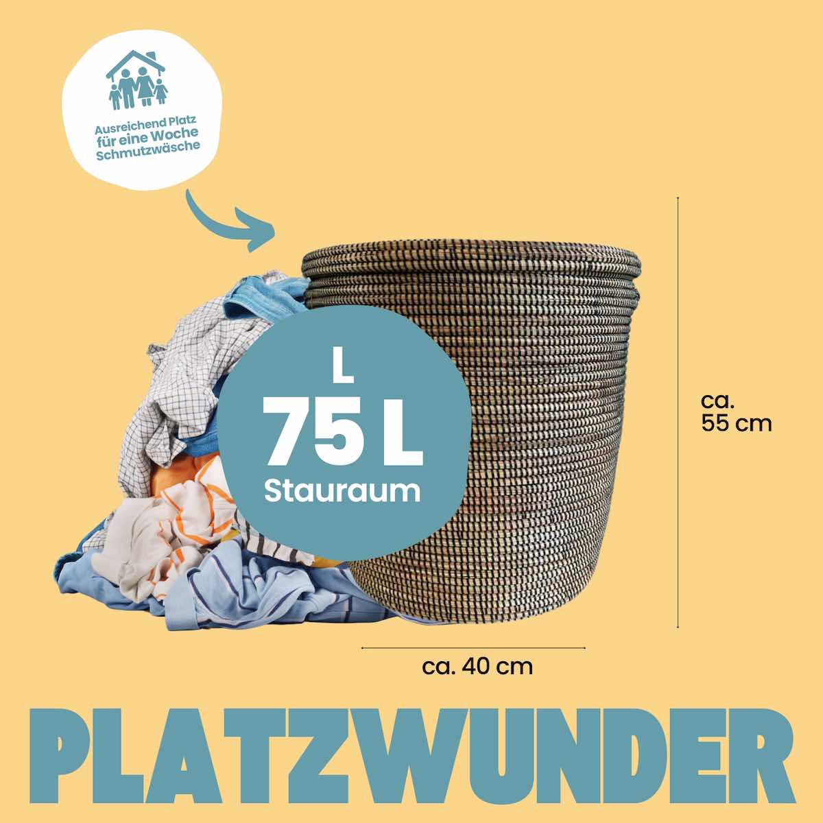Fairtrade Flachdeckel Waeschekorb bunt rund geflochten aus dem Senegal Platzwunder Stripes Schwarz L