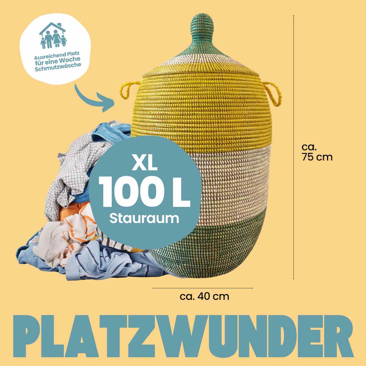 Fairtrade Waeschekorb XXL bunt rund geflochten aus dem Senegal Platzwunder Stripes Gruen Gelb XL Fairtrade Waeschekorb XXL bunt rund geflochten aus dem Senegal Platzwunder Stripes Gruen Gelb XL