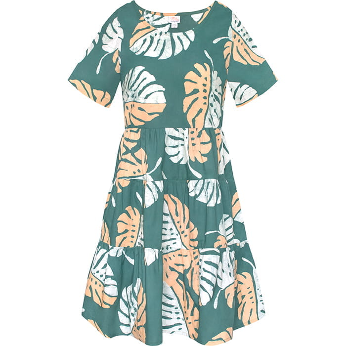 Tiered Dress Short - Monstera - Teal