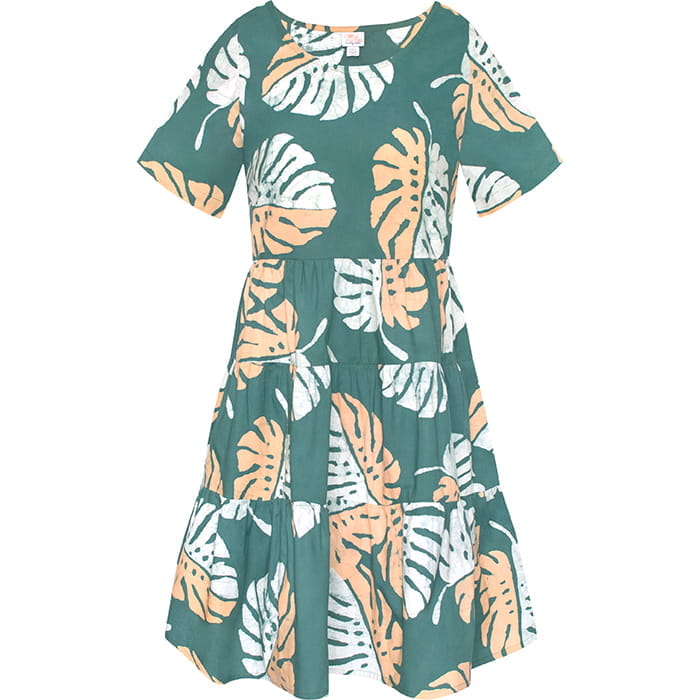 Tiered Dress Short - Monstera - Teal Tiered Dress Short - Monstera - Teal