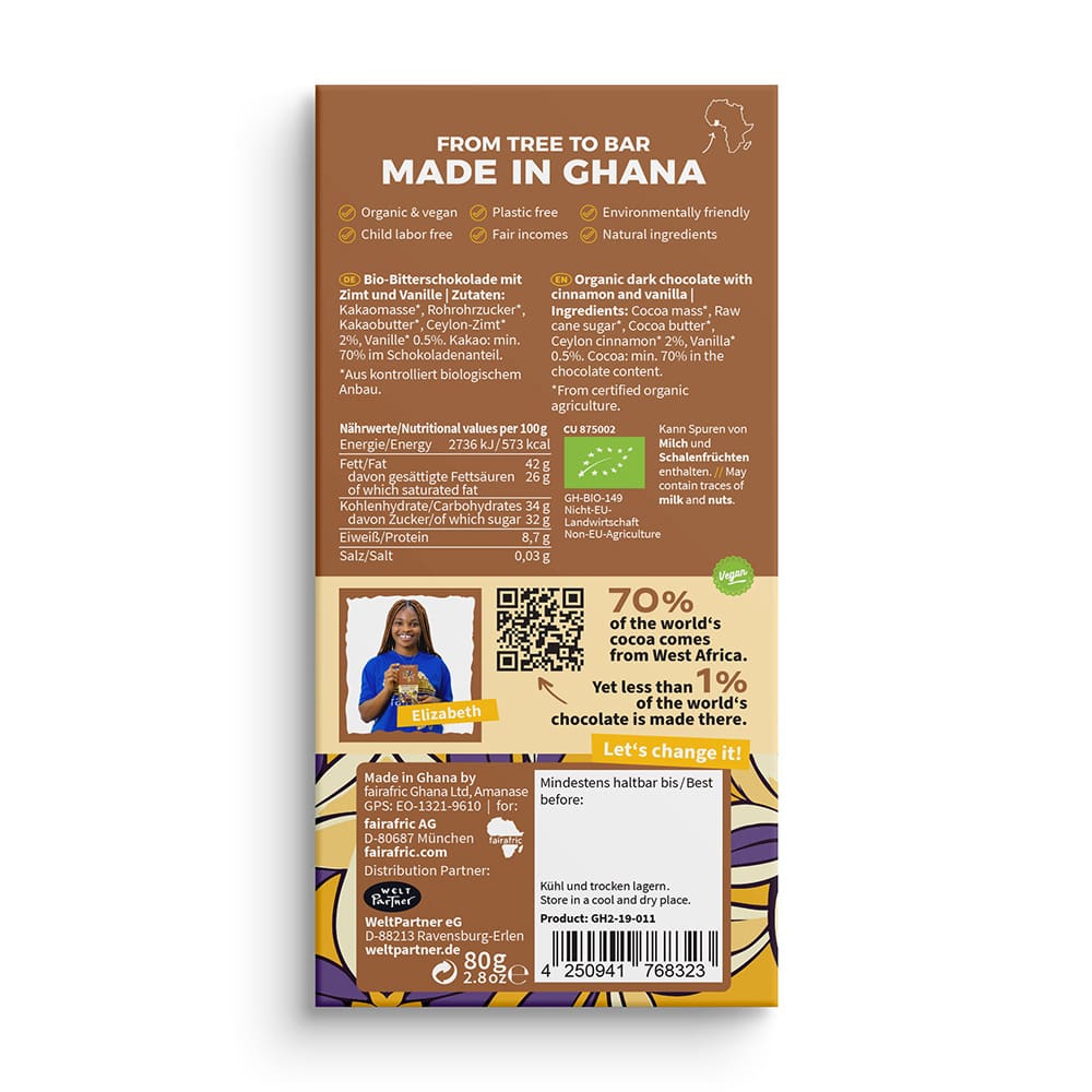 Bio Schokolade - 70% Cinnamon & Vanilla - Ghana Bio Schokolade - 70% Cinnamon & Vanilla - Ghana