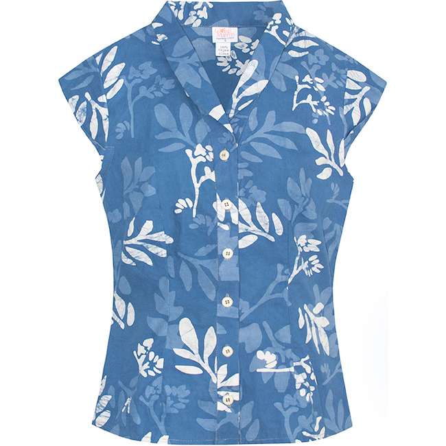 Retro Bluse Forage Stone Blau Global Mamas Sommerbluse Stehkragen Flügelärmel