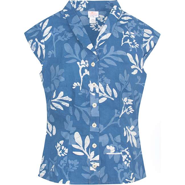 Retro Bluse Forage Stone Blau Global Mamas Sommerbluse Stehkragen Flügelärmel Retro Bluse Forage Stone Blau Global Mamas Sommerbluse Stehkragen Flügelärmel