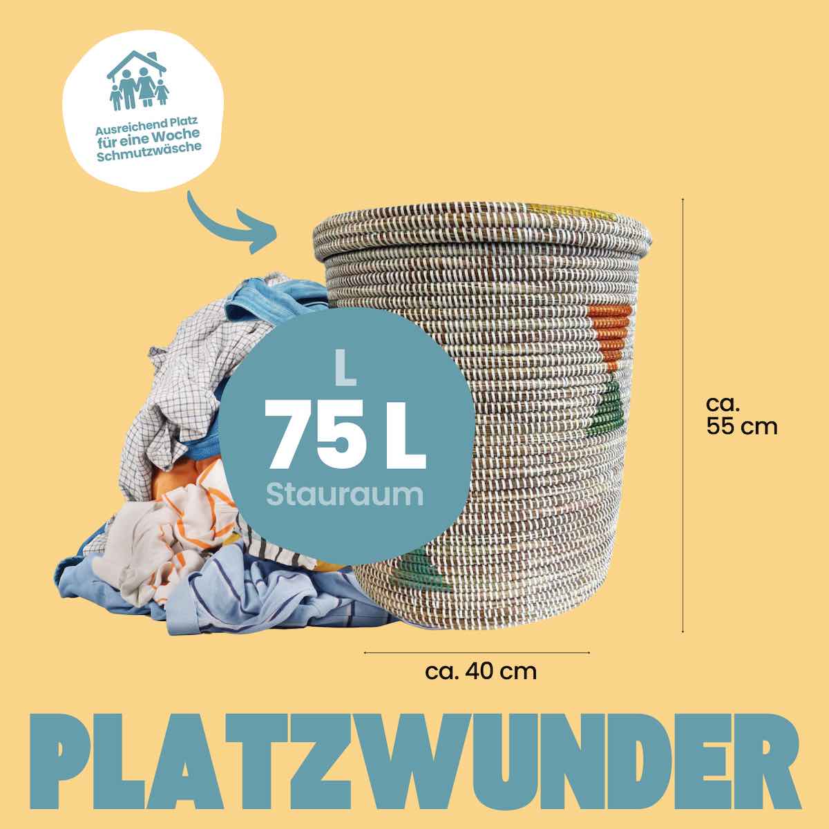 Fairtrade Flachdeckel Waeschekorb bunt rund geflochten aus dem Senegal Platzwunder Stripes Weiss Diamond L