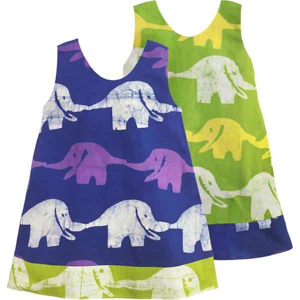 Girls Reversible Dress - Elephants Blue Lime