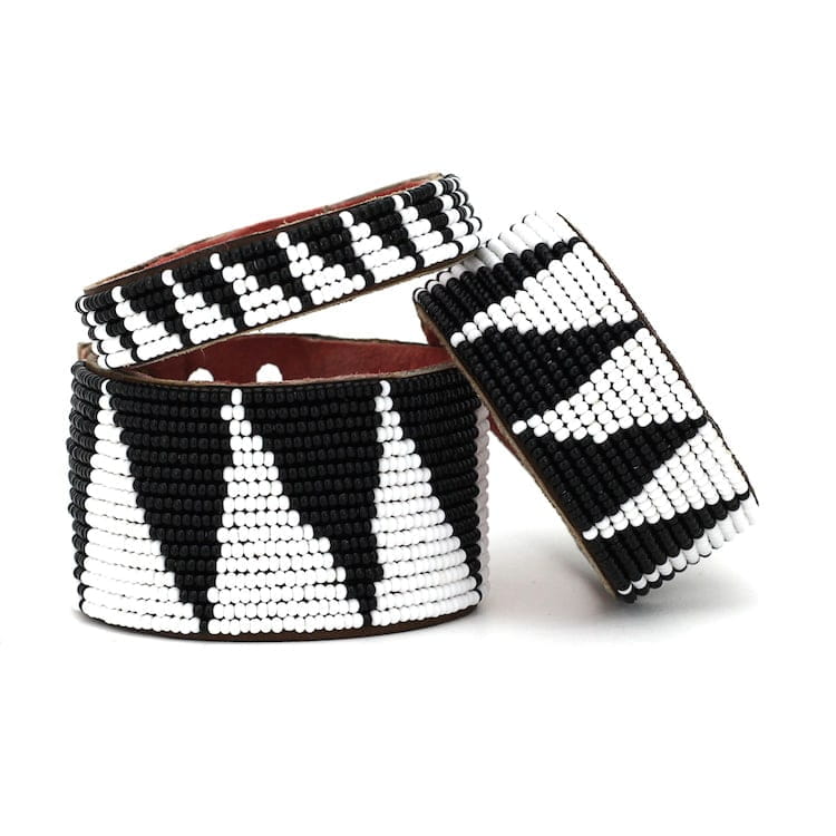 Leather Tri Black White Bracelet Swahili Coast Design Leather Tri Black White Bracelet Swahili Coast Design