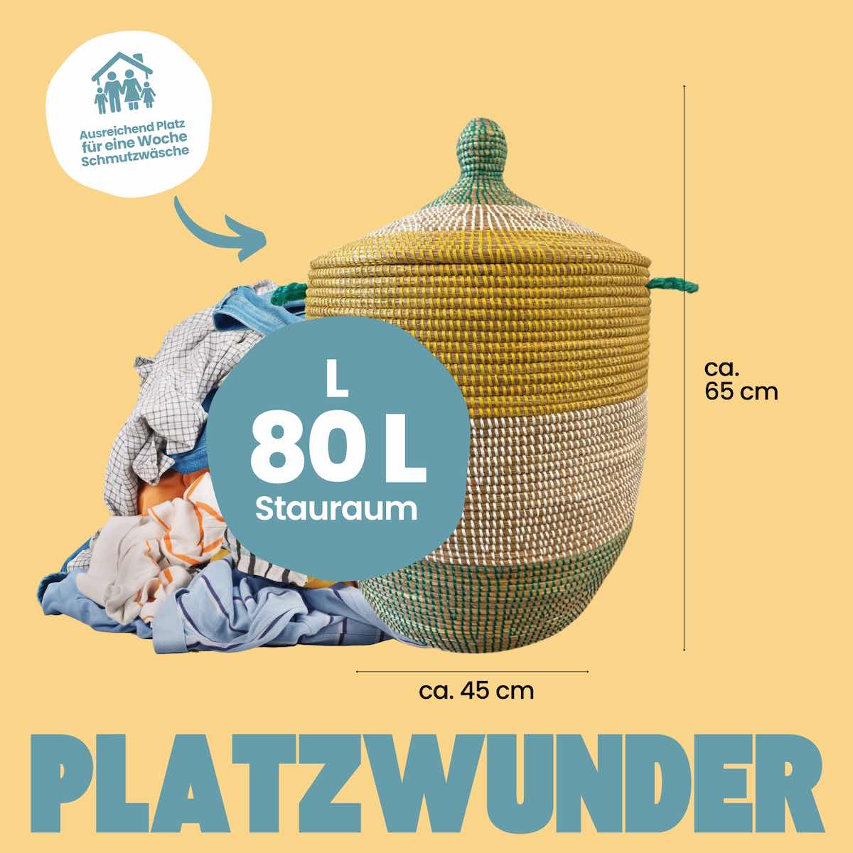 Fairtrade Waeschekorb bunt rund geflochten aus dem Senegal Platzwunder Stripes Gruen Weiss Gelb L Fairtrade Waeschekorb bunt rund geflochten aus dem Senegal Platzwunder Stripes Gruen Weiss Gelb L