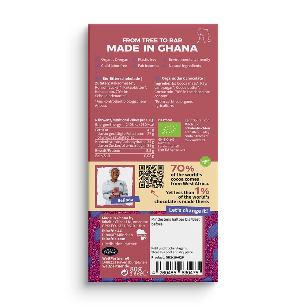 Fairafric Schokolade - 70% Mild Dark - Ghana Fairafric Schokolade - 70% Mild Dark - Ghana